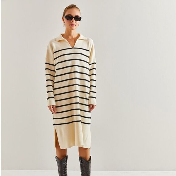 Nordstrom Merino Wool Organic Cotton Cream Navy Coastal Striped Preppy Dress sm - Picture 1 of 9